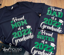 Load image into Gallery viewer, Proud Family of a 2022 Graduate Shirt, Pick any Two School Colors, Images, ICCS, Celtics, Immaculate Conception Hialeah, 8th Grade, High school grad