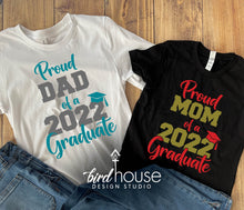 Load image into Gallery viewer, Proud Family of a 2022 Graduate Shirt, Pick any Two School Colors, Images, ICCS, Celtics, Immaculate Conception, McCarthy, Pace High School,  8th Grade, High school grad