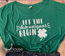 Load image into Gallery viewer, Let the Shenanigans Begin Shirt, Cute St. Patricks Day,  Matte or Gliiter T-Shirt, Wear Green, 4 Leaf clover, cute party shirts 