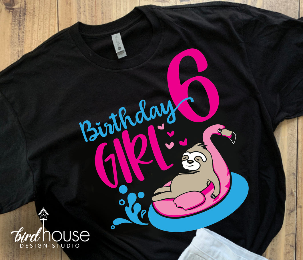 Sloth on Flamingo Float Birthday Shirt, Cute Pool Party Tee Personalized