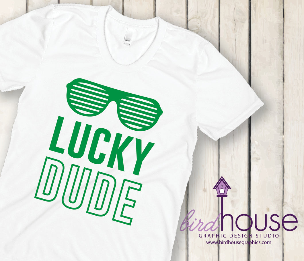 Lucky Dude, Cute St. Patricks Day, Custom Matte or Gliiter T-Shirt, Personalized, Any Color, Any Text