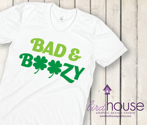 Bad & Boozy, Cute St. Patricks Day, Custom Matte or Gliiter T-Shirt, Personalized, Any Color, Any Text