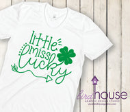 Little Miss Lucky, Cute St. Patricks Day, Custom Matte or Gliiter T-Shirt, Personalized, Any Color, Any Text