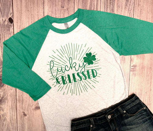 Lucky and Blessed Shirt, St. Patricks Day, Custom Matte or Glitter Tee, Any Color