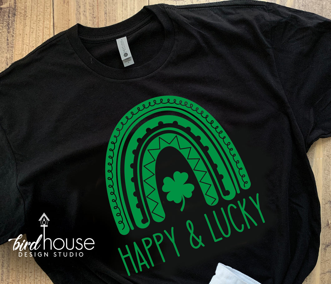 Happy & Lucky Boho Rainbow Shirt, Cute St. Patricks Day, Matte or Glitter Tee