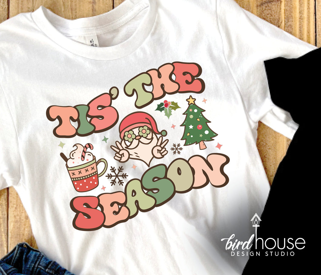 Tis the season, Santa, Cocoa, Sleigh girl Slay Shirt, Cute Christmas Graphic Tee, Groovy 70s style, Girls distressed shirts, pajama party pjs